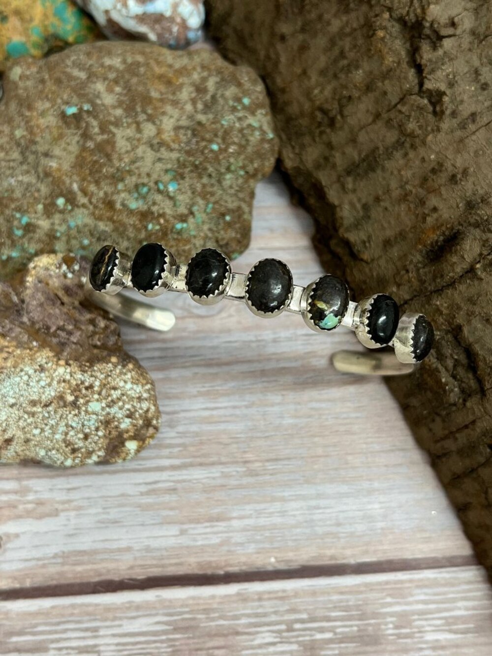 Handmade Sterling Silver Black Jack Cuff Bracelet with Signed Nizhoni
